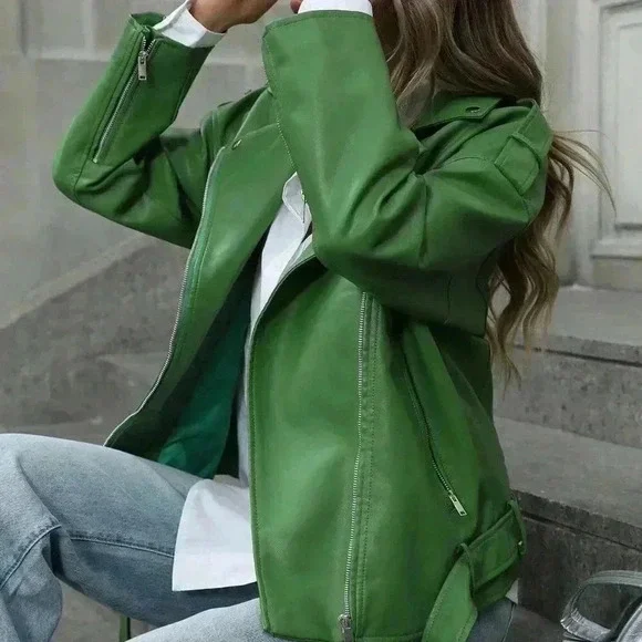 Green Casual Women's Stylish Woven Fabric Biker Jacket - Picture 4 of 7